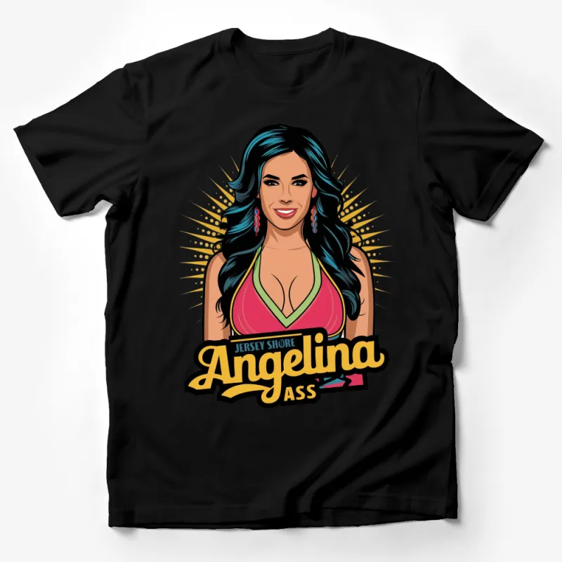 Angelina Jersey Shore Inspired Pop Art T-Shirt, Colorful Cartoon Graphic Tee, Stylish Casual Wear Male T-Shirt