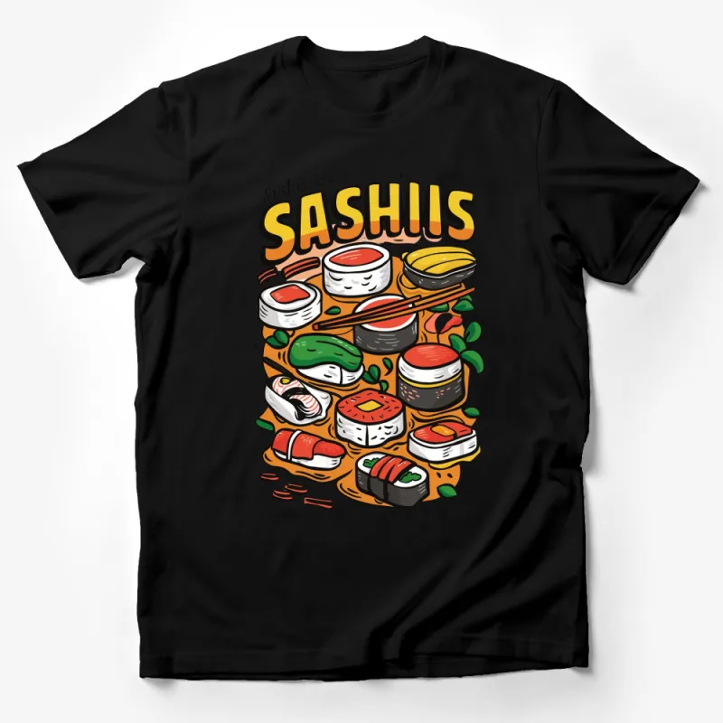 Colorful Sushi and Sashimi T-Shirt, Japanese Cuisine Graphic Tee, Foodie Gift Idea Male T-Shirt