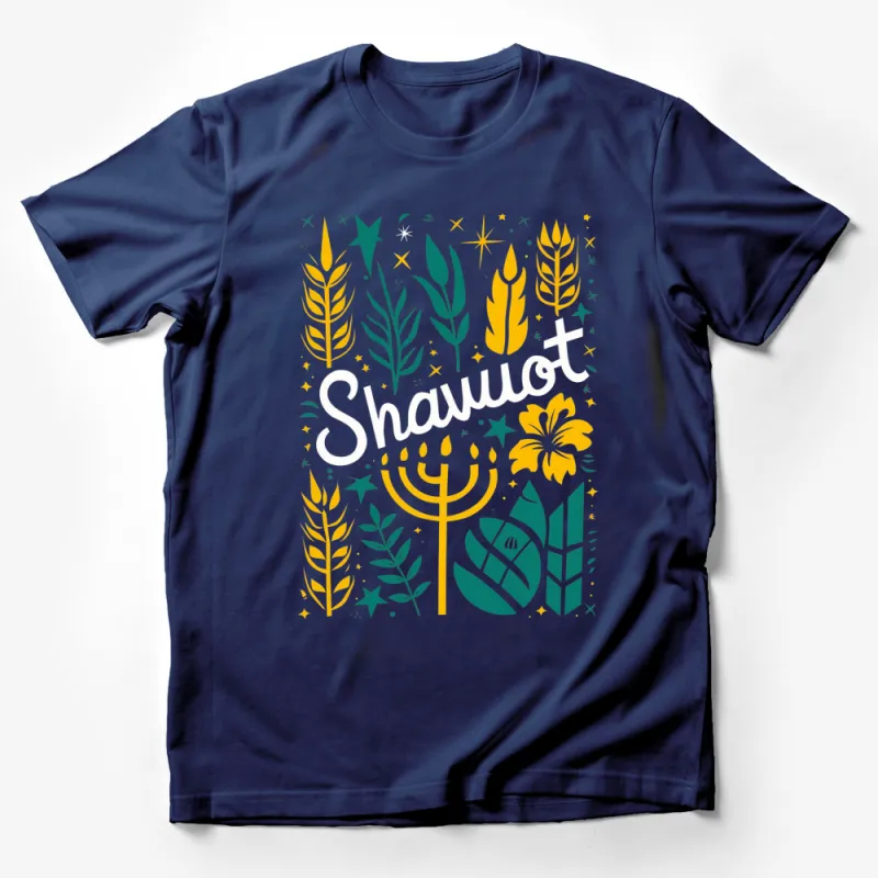 Shavuot Jewish Holiday T-Shirt, Menorah and Wheat Design, Star and Leaf Patterns, Festive Tee Male T-Shirt