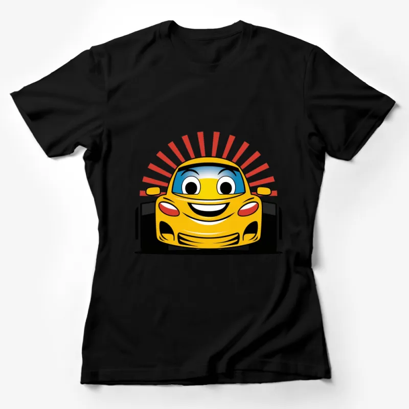 Cute Cartoon Car T-Shirt, Vibrant Kids Car Graphic Tee, Yellow Fun Vehicle Shirt Female T-Shirt