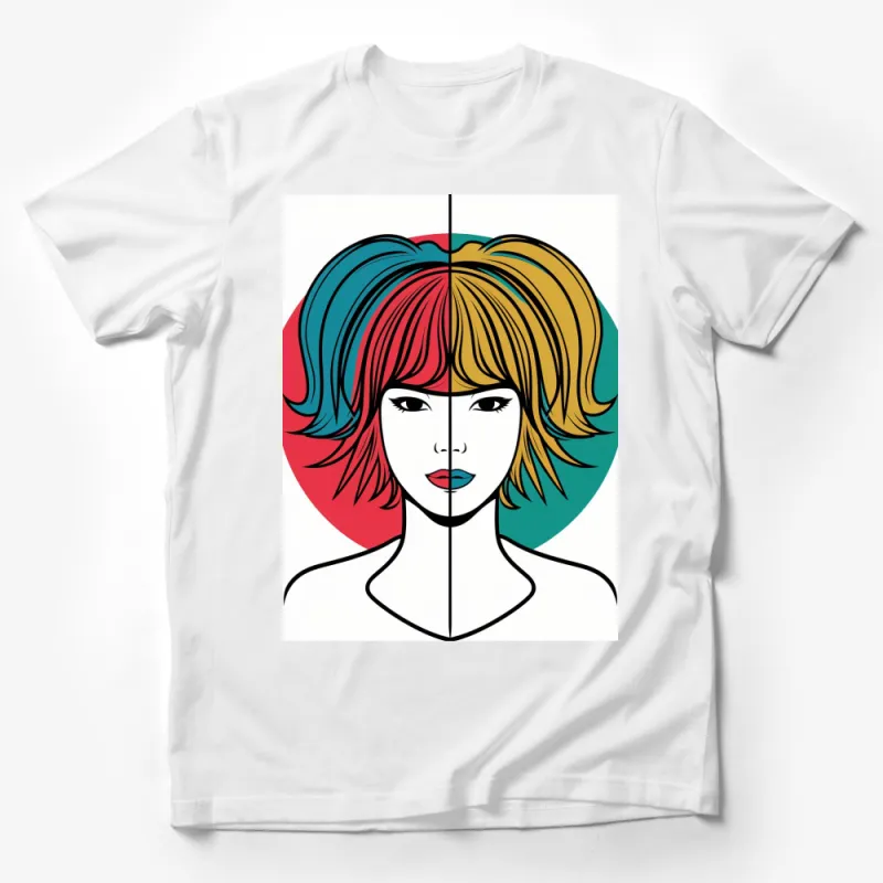 Colorful Pop Art Woman Face Split Design T-Shirt, Bold Graphic Tee, Unique Gift Idea Male T-Shirt