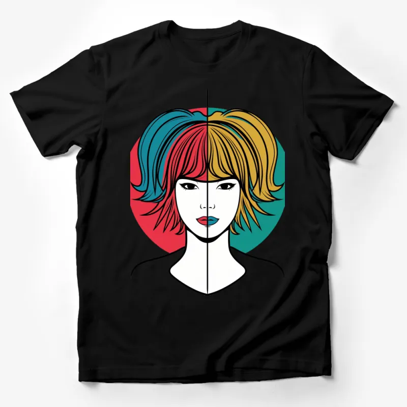 Pop Art Inspired Split Face Woman T-Shirt, Colorful Hair, Vibrant Graphic Tee, Trendy Summer Fashion Top Male T-Shirt