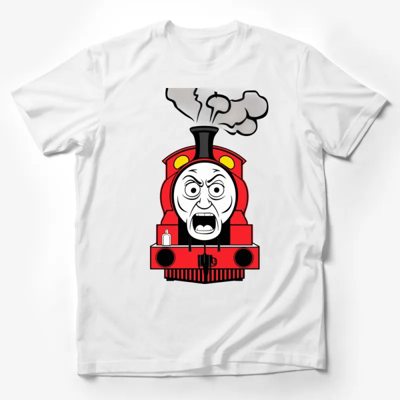 Angry Train Cartoon Graphic T-Shirt, Bold Red Engine Design, Unisex Shirt for Train Enthusiasts Male T-Shirt