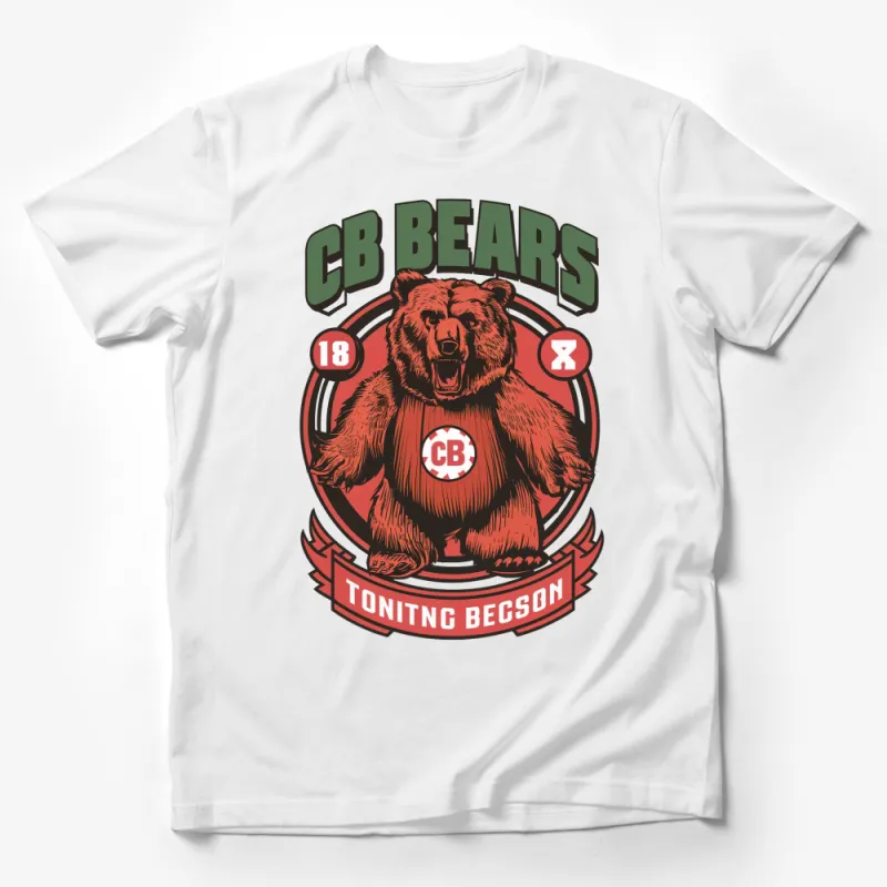 CB Bears Graphic T-Shirt, Bold Red and Green Bear Design, Casual Sports Style Top, Unisex Male T-Shirt