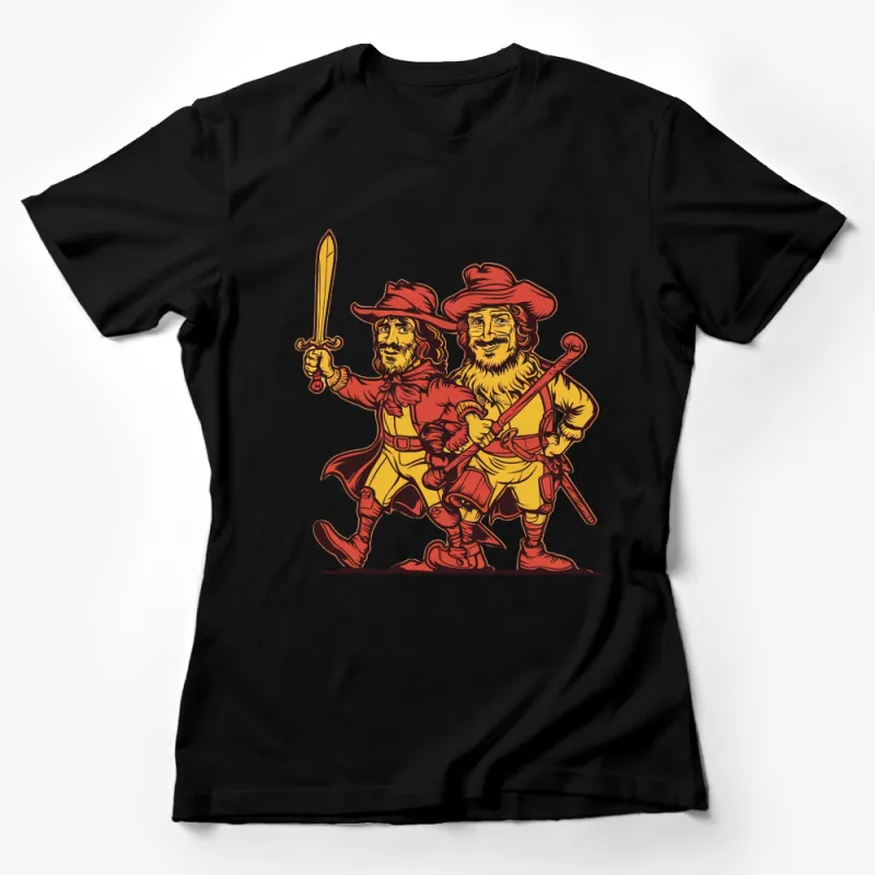 Vintage Musketeer Duo Graphic T-Shirt, Classic Swordsmen Design Tee, Unisex Adult Clothing Female T-Shirt