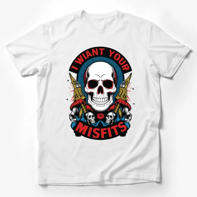 I Want Your Misfits Skull Graphic Tee, Bold Red and Blue Punk Rock T-Shirt, Unisex Statement Shirt Male T-Shirt