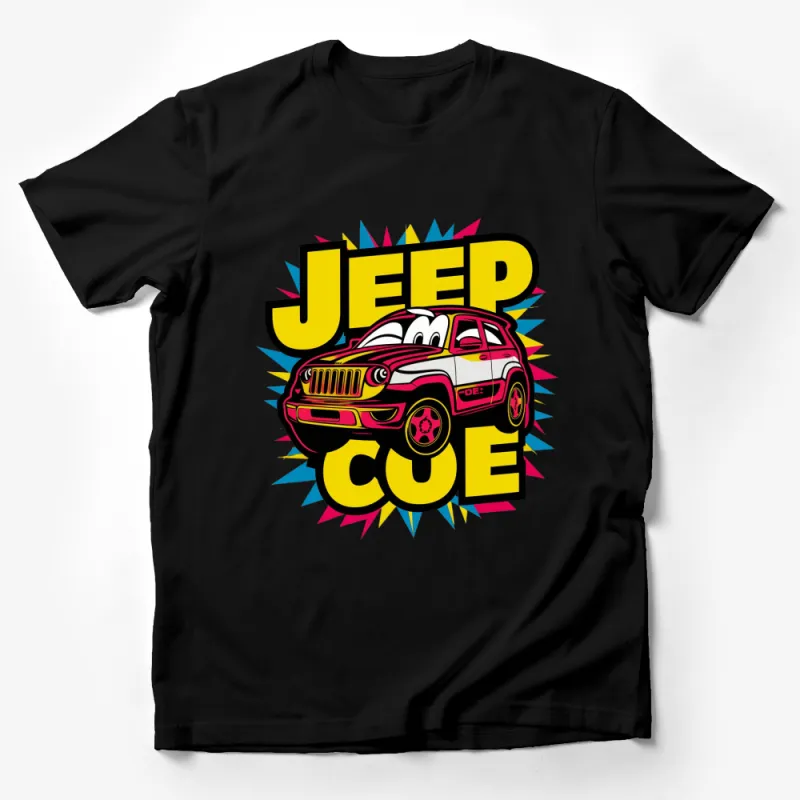 Colorful Jeep Cartoon Character T-Shirt, Fun Car Graphic Tee, Unisex Apparel for All Ages Male T-Shirt