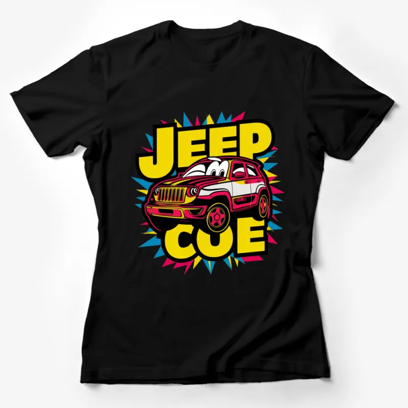 Colorful Jeep Cartoon Character T-Shirt, Fun Car Graphic Tee, Unisex Apparel for All Ages Female T-Shirt