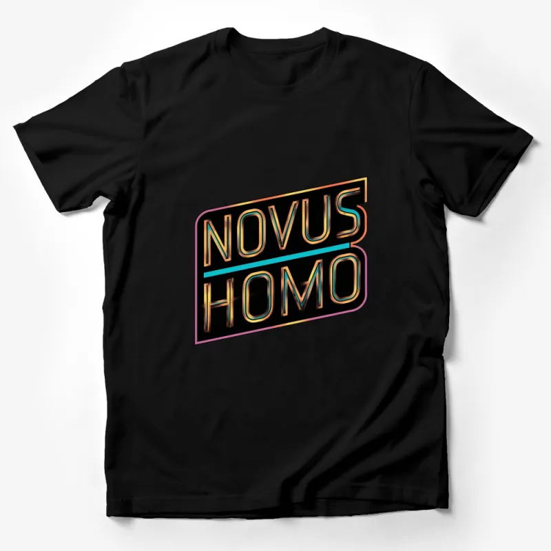 Retro Futuristic Novus Homo Graphic Tee, Colorful Bold 80s Style T-Shirt, Unisex Fashion Tee Male T-Shirt