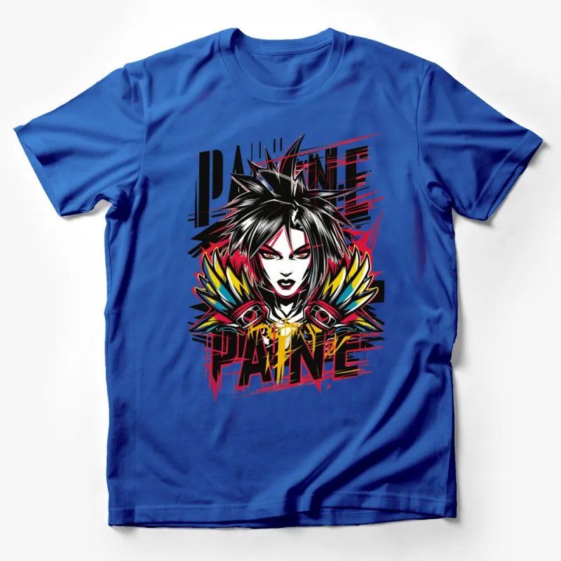 Urban Style Graphic Tee, Bold Payne Text and Female Warrior Design, Colorful T-Shirt Male T-Shirt