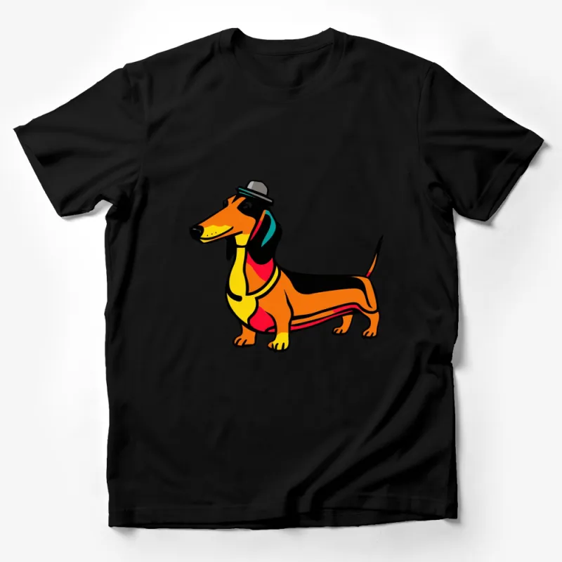 Colorful Dachshund Dog T-Shirt, Quirky Cartoon Wiener Dog Tee, Cute Hat and Scarf Fashion Male T-Shirt