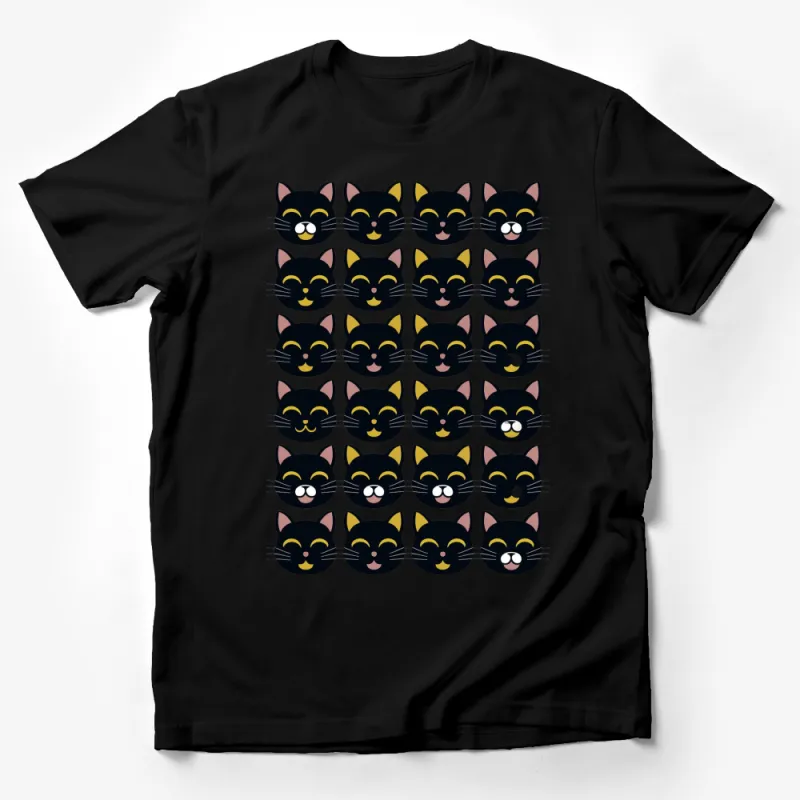 Black and Yellow Cat Faces Pattern T-Shirt, Cute Whiskered Cats, Unisex Tee for Cat Lovers Male T-Shirt