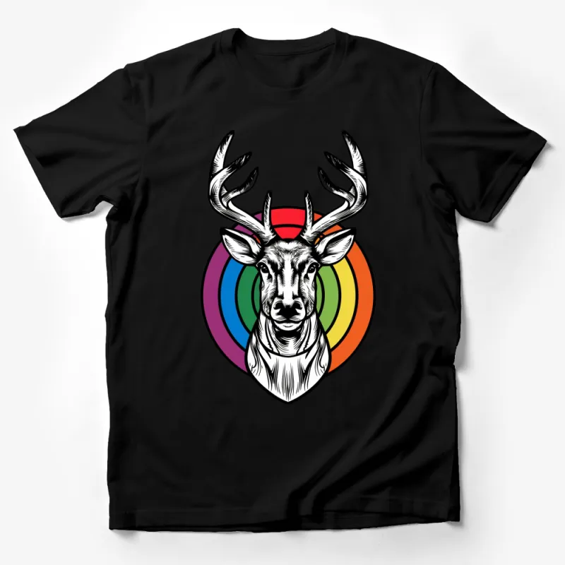 Colorful Rainbow Deer T-Shirt, Artistic Rainbow Circle with Deer Graphic Tee, Vibrant Nature-Inspired Fashion Male T-Shirt