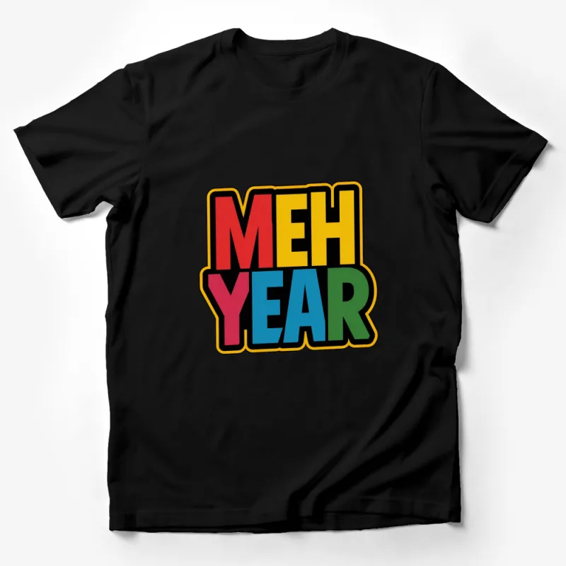 Colorful Meh Year Text Graphic T-Shirt, Unisex Pop Art Style Casual Tee Male T-Shirt