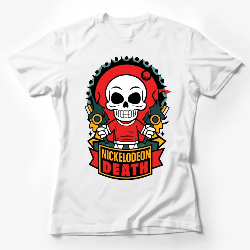 Nickelodeon Death Inspired Skull and Guns Graphic Tee, Bold Red Cartoon Style T-Shirt Female T-Shirt