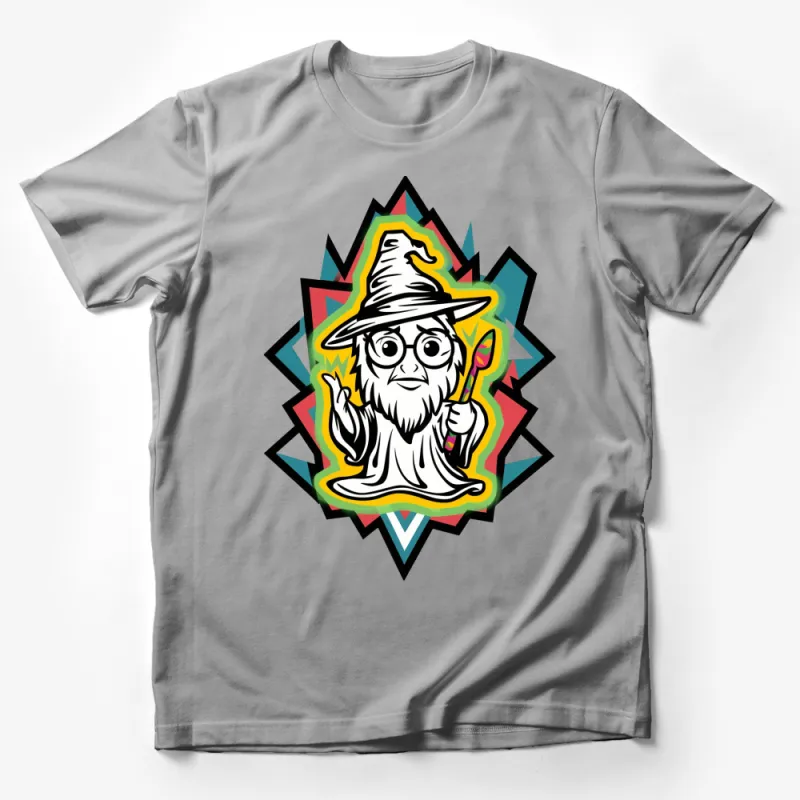 Colorful Wizard Graphic T-Shirt, Fun Magician with Brush Design, Unique Unisex Clothing Male T-Shirt