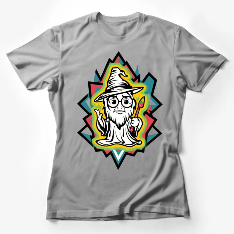 Colorful Wizard Graphic T-Shirt, Fun Magician with Brush Design, Unique Unisex Clothing Female T-Shirt