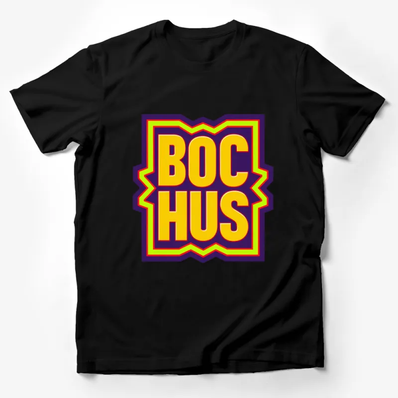 Trendy Boc Hus Emblem T-Shirt, Bold Graphic Tee, Yellow and Purple, Streetwear Style, Unisex Shirt for All Ages Male T-Shirt