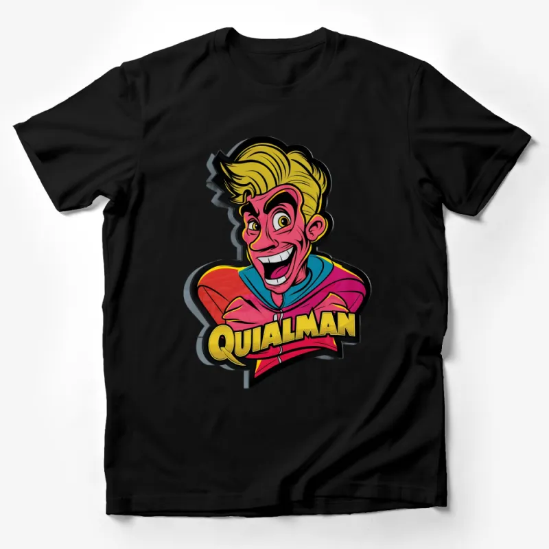 Quialman Cartoon Character T-Shirt, Colorful Superhero Graphic Tee, Funny and Bold Unisex Top Male T-Shirt