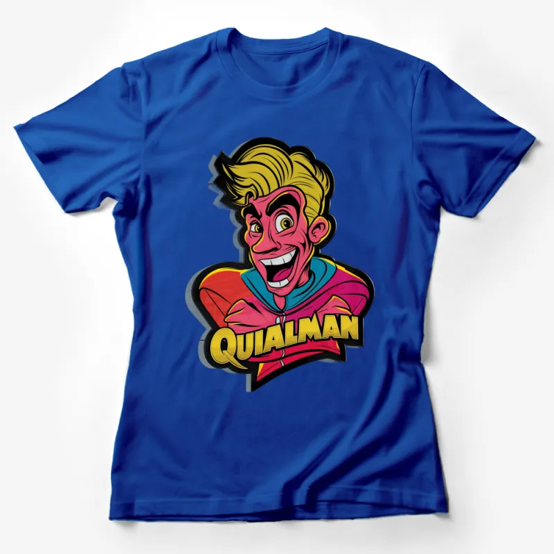 Quialman Cartoon Character T-Shirt, Colorful Superhero Graphic Tee, Funny and Bold Unisex Top Female T-Shirt