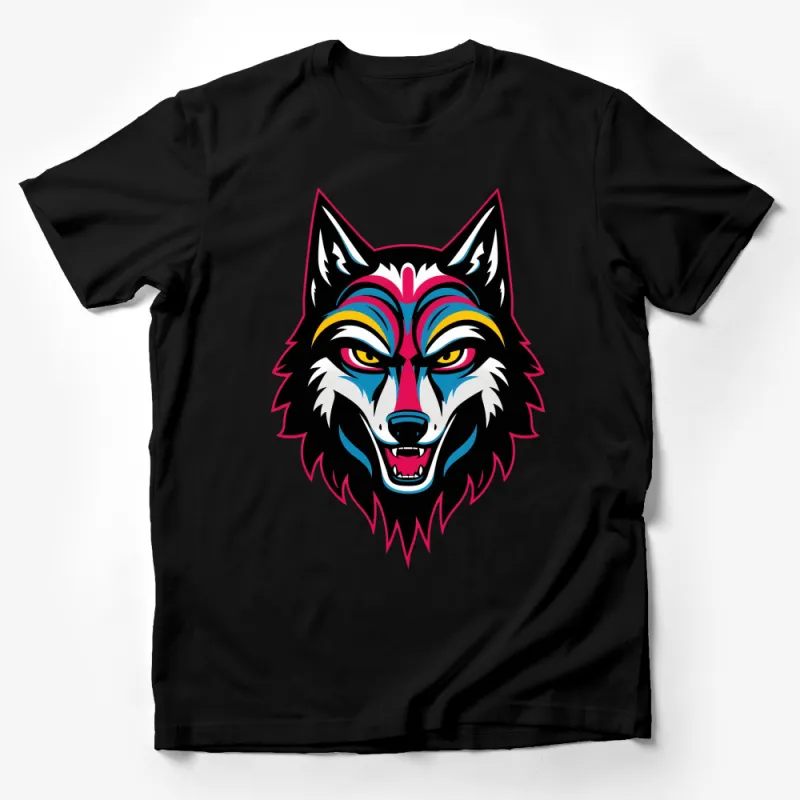 Colorful Wolf Face Graphic T-Shirt, Artistic Tribal Wolf Head Tee, Bold Colors, Unique Animal Design Shirt Male T-Shirt