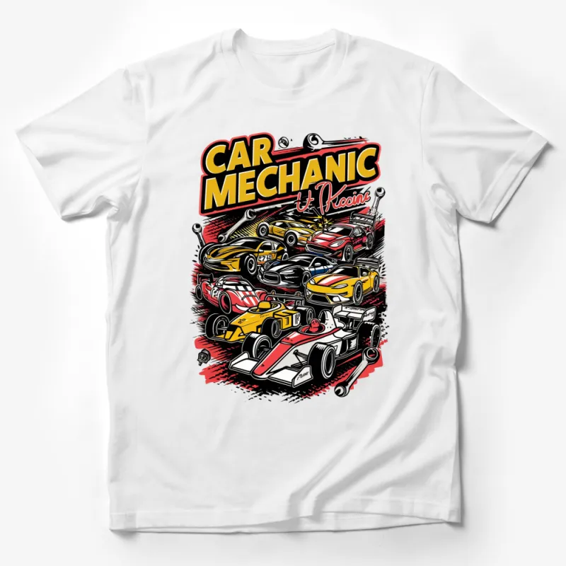 Car Mechanic Pitcoin Racing T-Shirt, Colorful Race Cars Graphic Tee, Vintage Auto Repair Shop Shirt Male T-Shirt