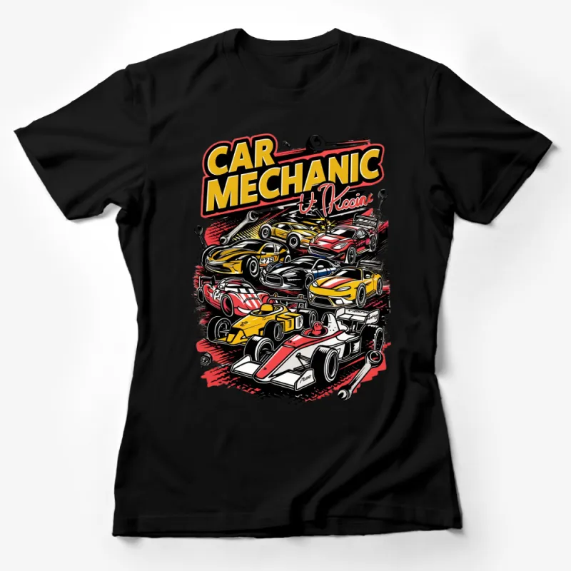 Car Mechanic Pitcoin Racing T-Shirt, Colorful Race Cars Graphic Tee, Vintage Auto Repair Shop Shirt Female T-Shirt