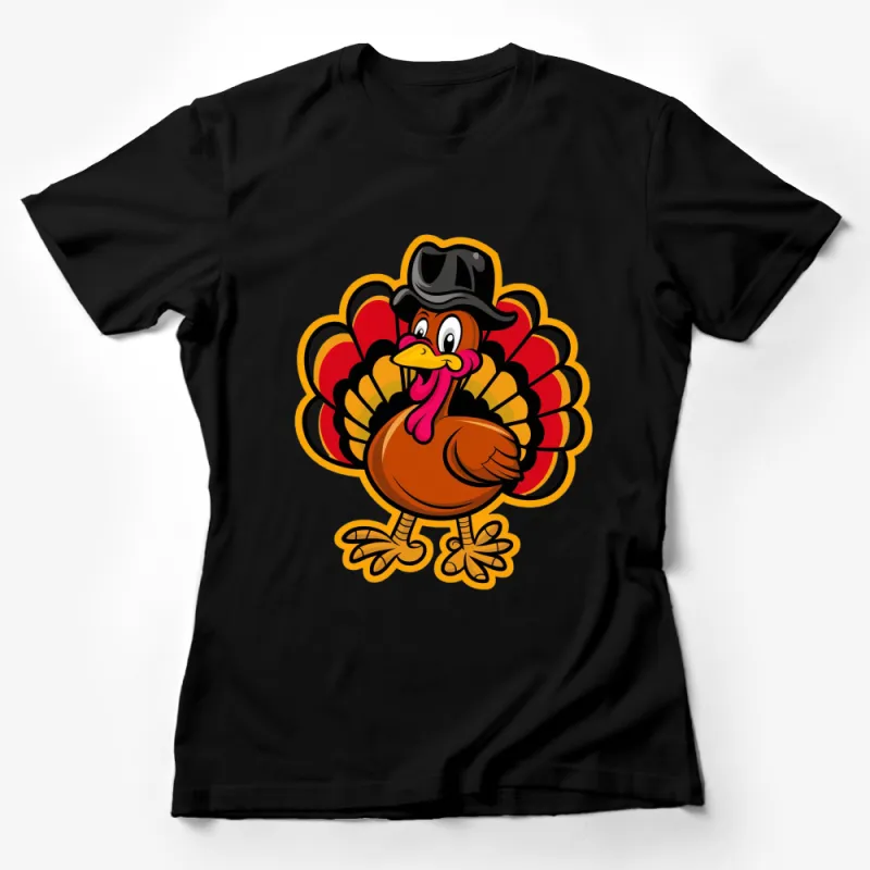 Colorful Cartoon Turkey with Top Hat Thanksgiving T-Shirt, Fun Fall Festival Tee, Vibrant Holiday Apparel for All Ages Female T-Shirt