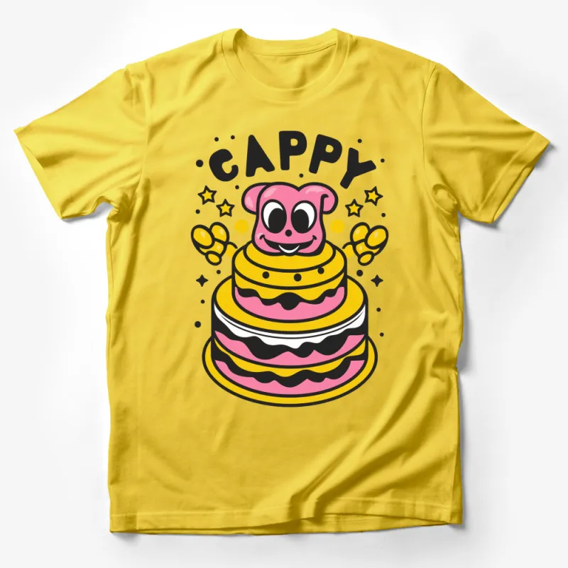 Cappy Cartoon Pancake Stack T-Shirt, Cute Pink Character Tee, Kids and Adult Sizes Available Male T-Shirt