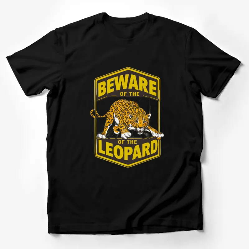 Beware of the Leopard Graphic T-Shirt, Vintage Animal Warning Sign, Bold Yellow and Black Design, Unisex Tee Male T-Shirt