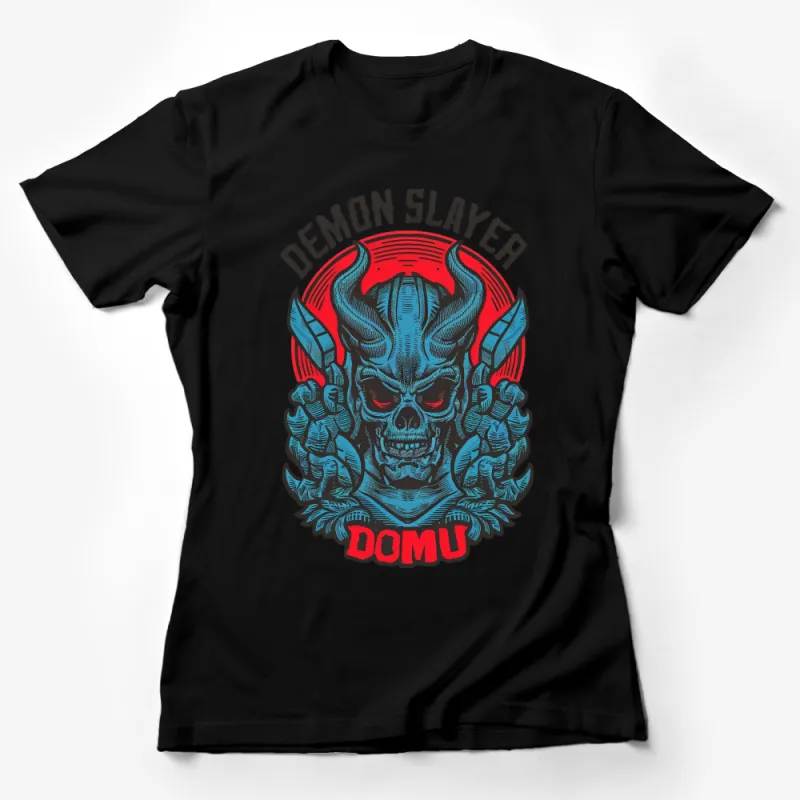 Demon Slayer Domu Graphic Tee, Skull and Horns Red Black T-Shirt, Unique Anime Inspired Shirt Design Female T-Shirt