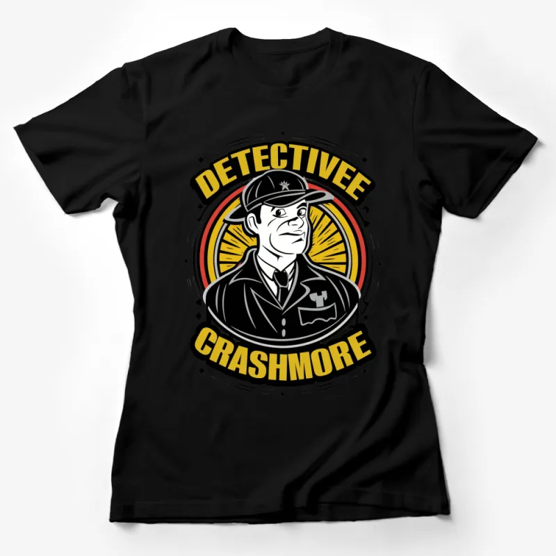 Detective Crashmore Vintage Style T-Shirt, Black and Yellow Graphic Tee, Classic Detective Design Female T-Shirt