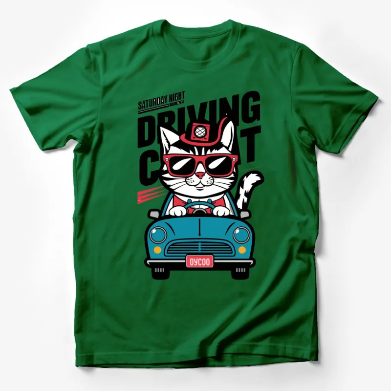 Cool Cat Driving Blue Car Graphic T-Shirt, Funny Cat in Hat, Saturday Night Casual Tee Male T-Shirt