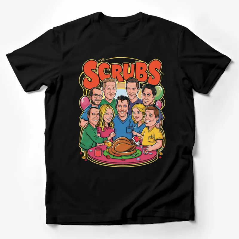 The Scrubs Cast Colorful Illustrated T-Shirt, TV Show Fan Art, Unique Graphic Tee, Gift for TV Series Lovers Male T-Shirt