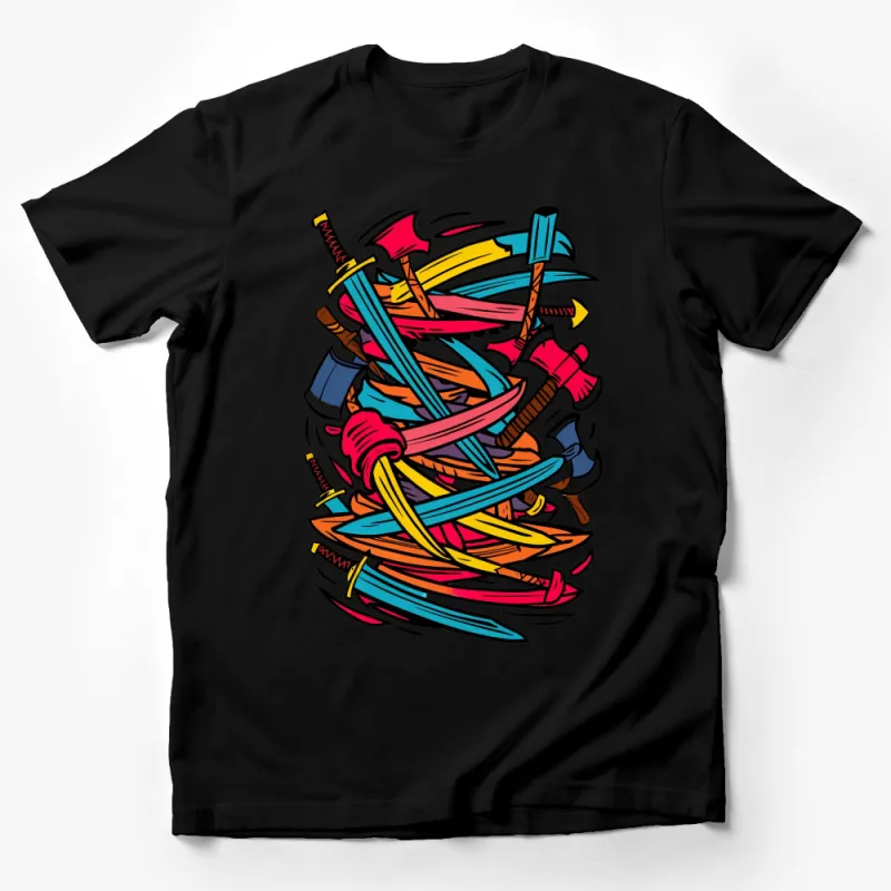 Colorful Fantasy Sword and Axe Design T-Shirt, Artistic Weapon Print, Unisex Graphic Tee Male T-Shirt