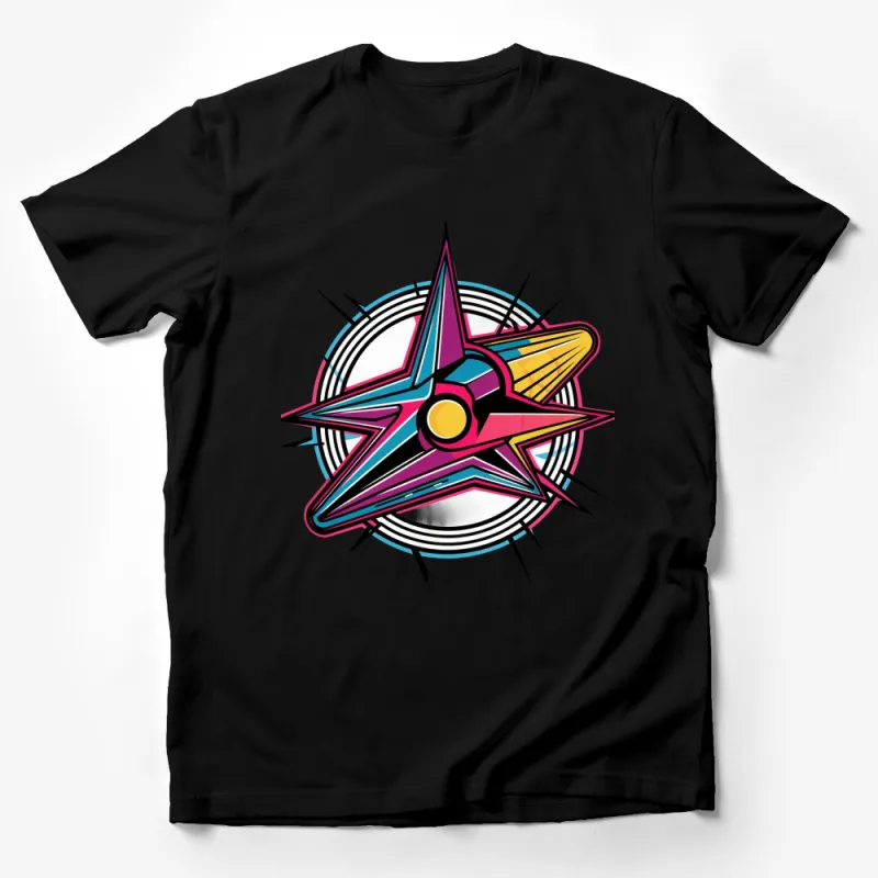 Retro Futuristic Star Compass Graphic T-Shirt, Bold Neon Color Design, Unisex Casualwear Male T-Shirt