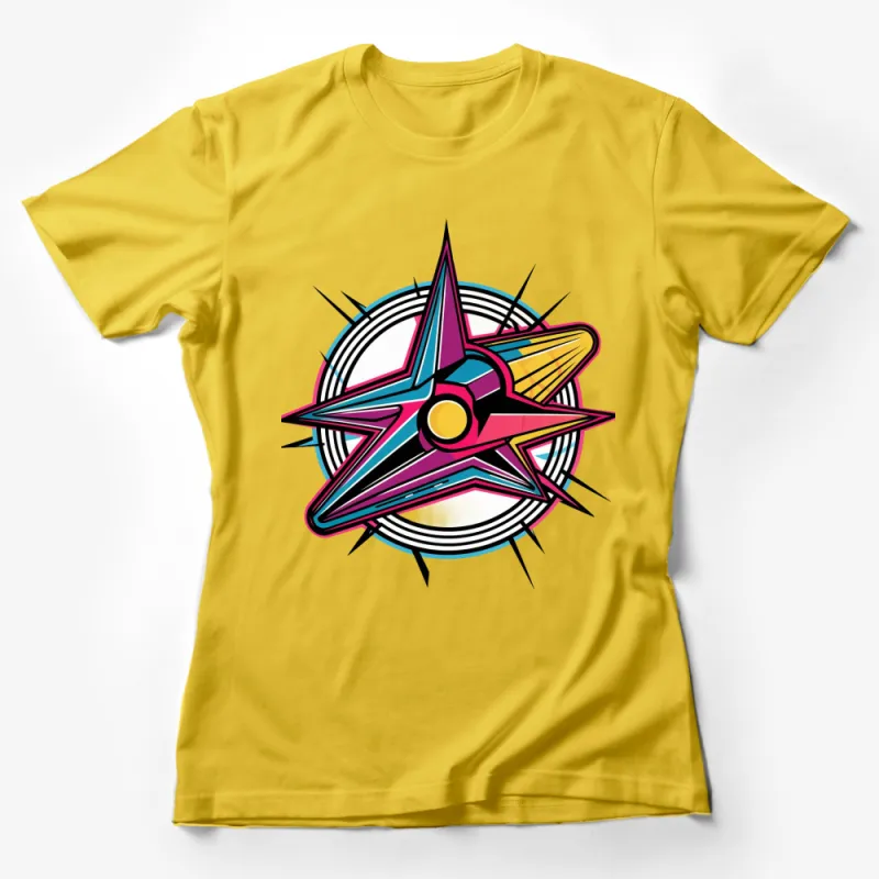 Retro Futuristic Star Compass Graphic T-Shirt, Bold Neon Color Design, Unisex Casualwear Female T-Shirt