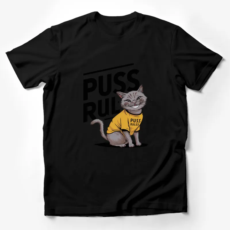 Puss Rules Cat T-Shirt, Fun Cat Lover Graphic Tee, Yellow Casual Wear for Pet Fans Male T-Shirt