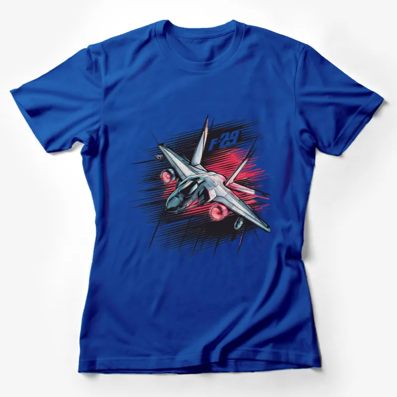 F-29 Fighter Jet Graphic T-Shirt, Retro Comic Style Jet Illustration, Cool Airplane Tee for Aviation Enthusiasts Female T-Shirt