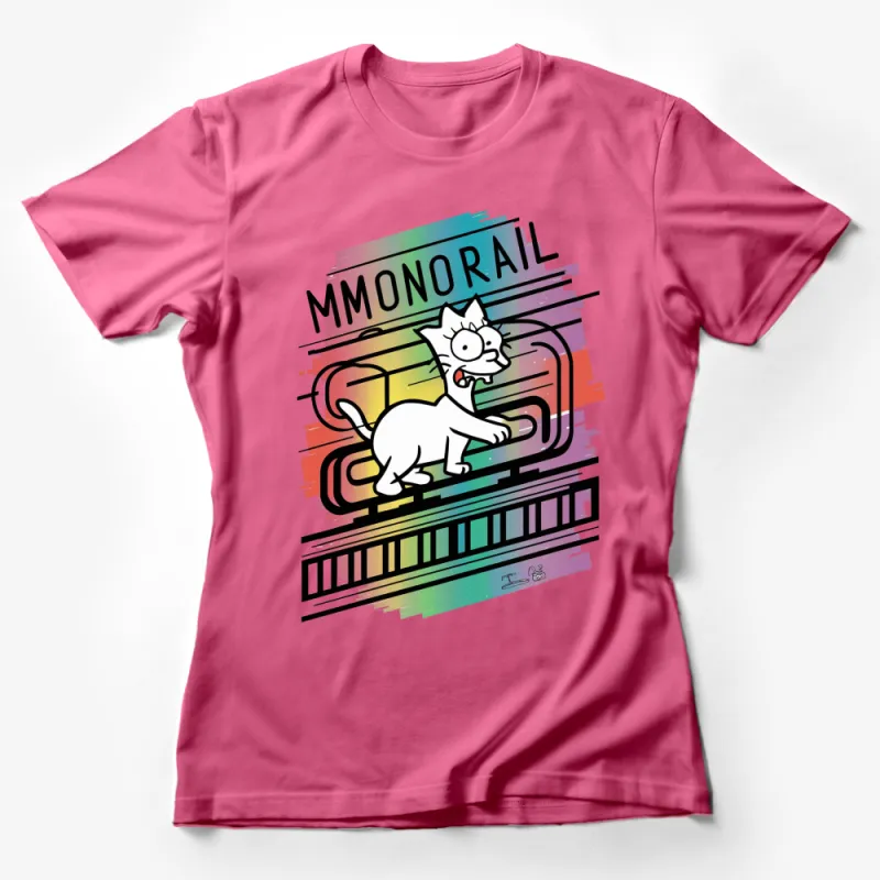 Retro Monorail Cat T-Shirt, Colorful Cartoon Feline Graphic Tee, Unisex Adult Clothing, Gift for Cat Lovers Female T-Shirt