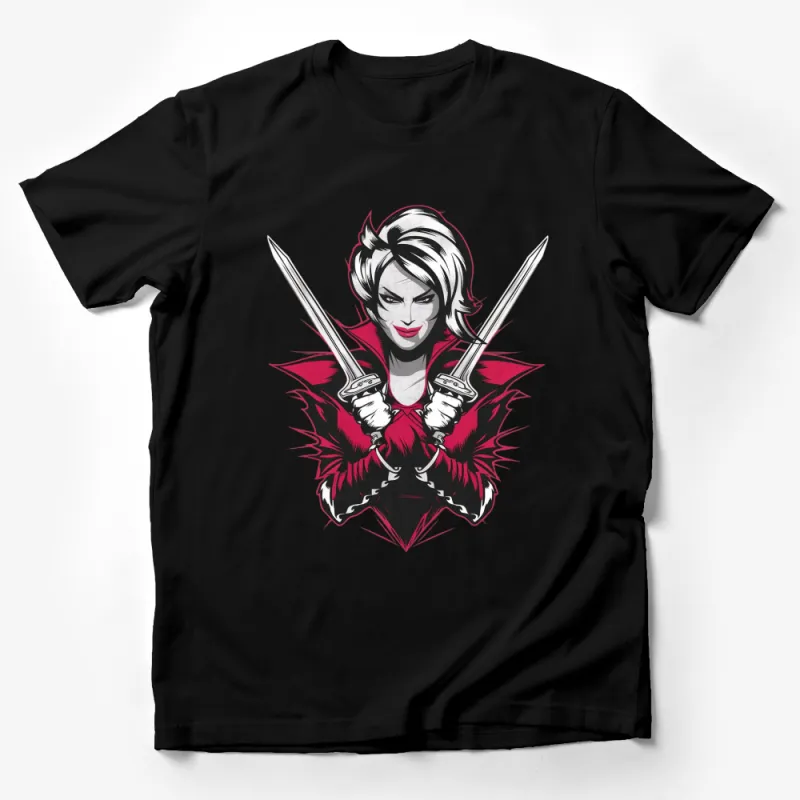 Warrior Woman T-Shirt, Bold Graphic Tee, Fantasy Sword Fighter, Red and Black Male T-Shirt