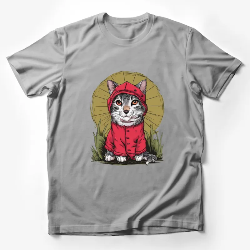 Cute Cat in Red Hooded Jacket Illustration, Stylish Animal T-Shirt, Unique Graphic Tee Male T-Shirt