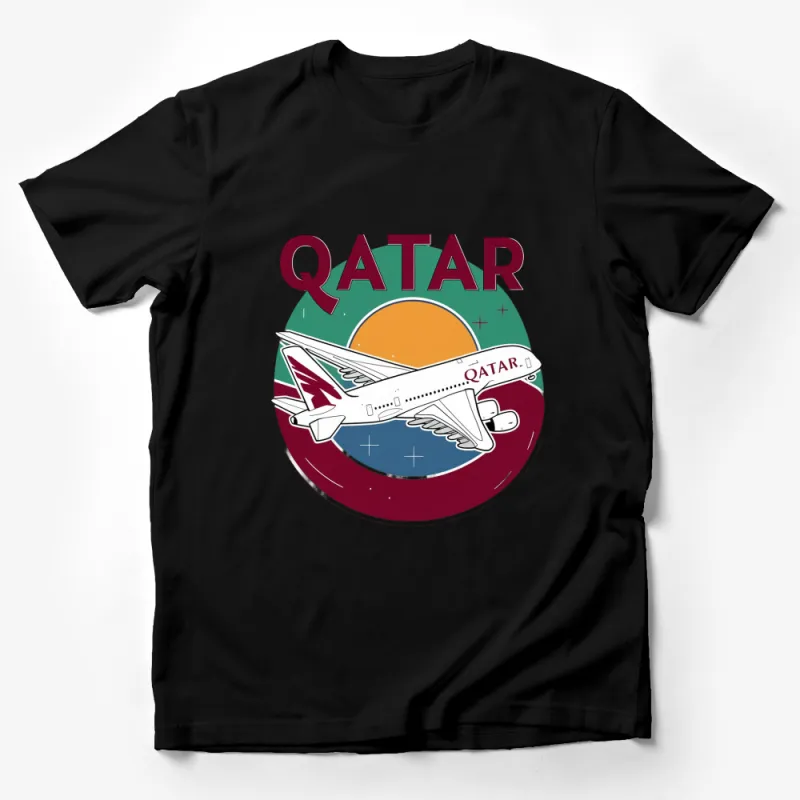 Qatar Travel T-Shirt, Airplane Graphic Tee, Sunset and Aviation, Unisex Travel Clothing, Gift for Travelers Male T-Shirt