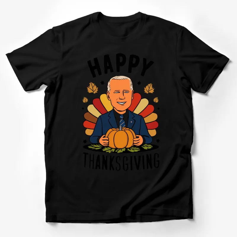 Happy Thanksgiving T-Shirt with Presidential Cartoon, Fall Leaves, Pumpkin Graphic Tee Male T-Shirt