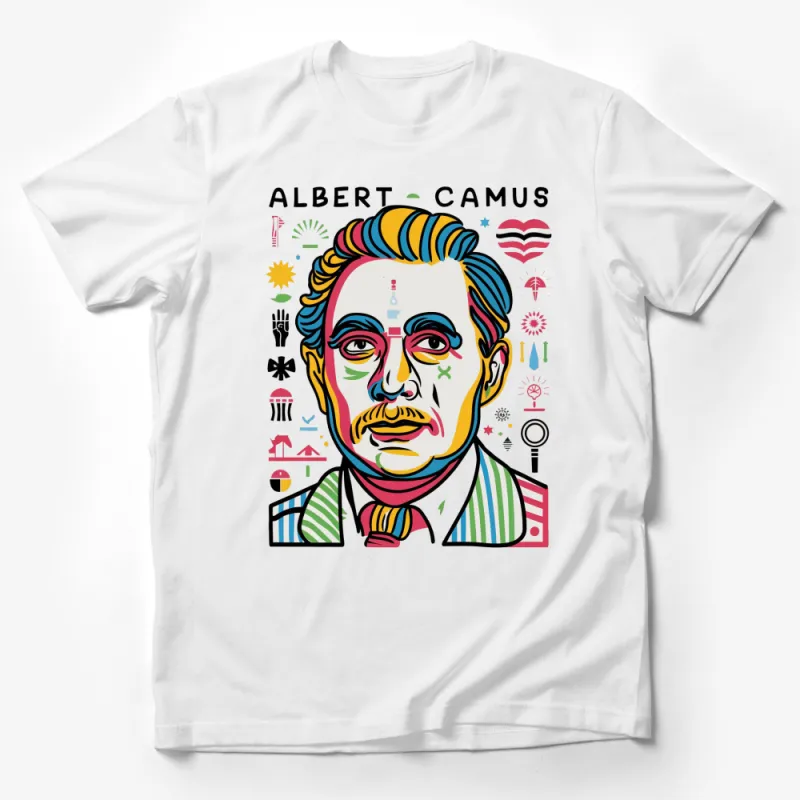 Albert Camus Portrait T-Shirt, Colorful Abstract Art, Literary Icons Series, Modern Graphic Tee Male T-Shirt