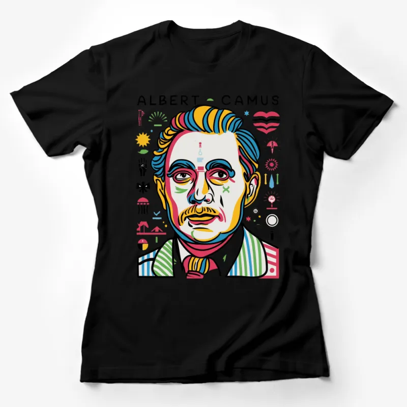 Albert Camus Portrait T-Shirt, Colorful Abstract Art, Literary Icons Series, Modern Graphic Tee Female T-Shirt