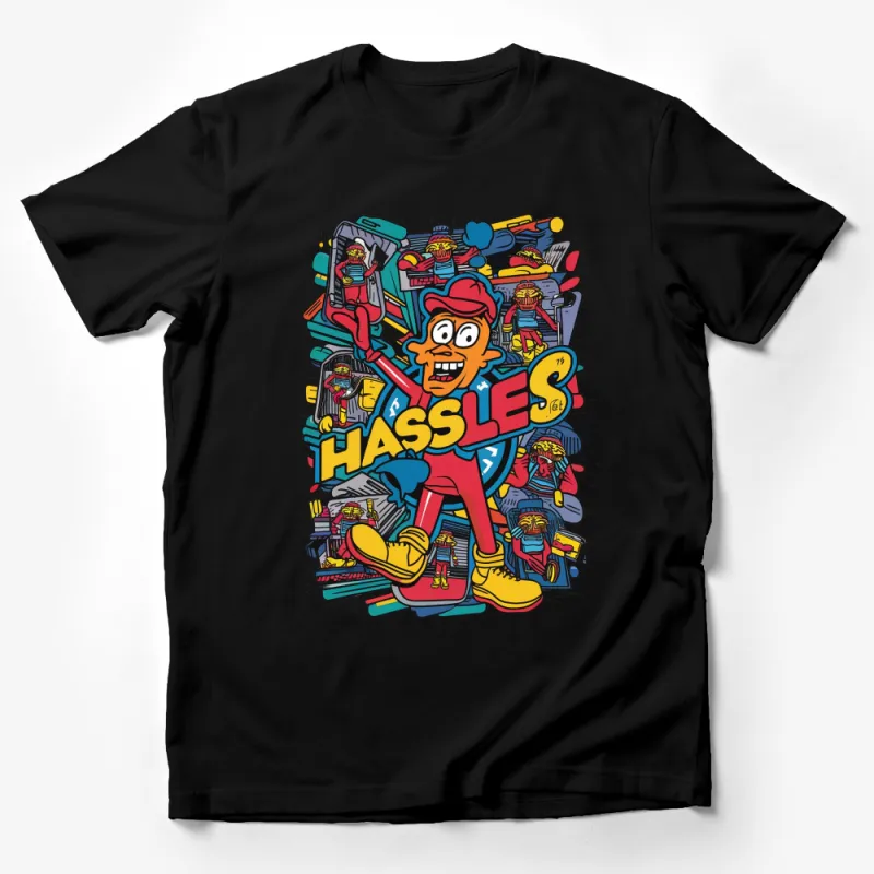 Colorful Hassles Cartoon Graphic T-Shirt, Vibrant Comic Style Tee, Unisex Casual Wear Male T-Shirt