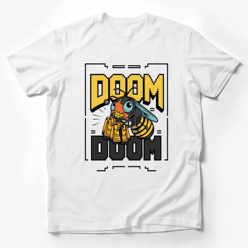 DOOM Bee Cartoon Graphic Tee, Funny Insect T-Shirt, Bold Yellow Black Artwork Male T-Shirt