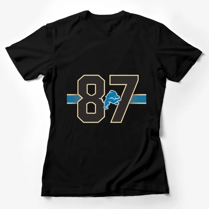 Sports Team Lion Logo Graphic T-Shirt, Stylish Number 87, Bold Color Contrast Female T-Shirt