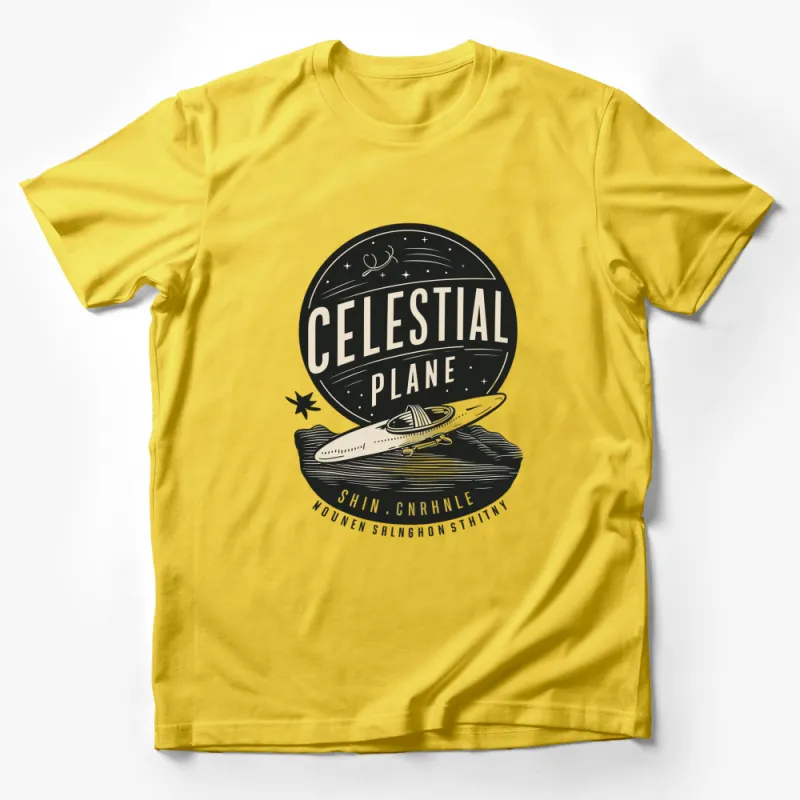 Celestial Plane Vintage Graphic T-Shirt, Retro Space Design Tee, Unisex Casual Style Top Male T-Shirt